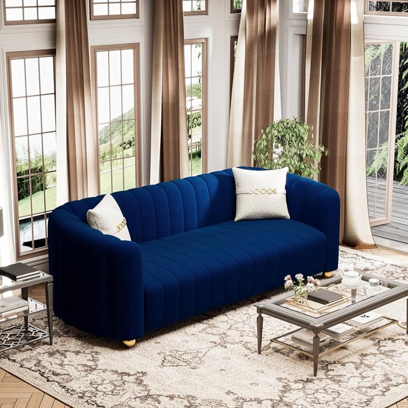 Cobalt Blue Sofa, Vertical Tufting, Gold Ball Legs, Modern