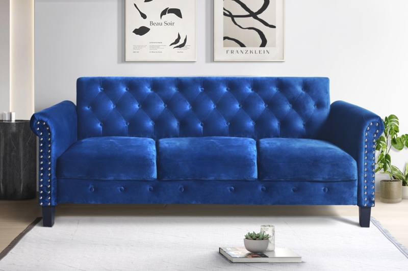 Cobalt Blue Velvet Sofa, Diamond Tufted, Rolled Arms, Studs