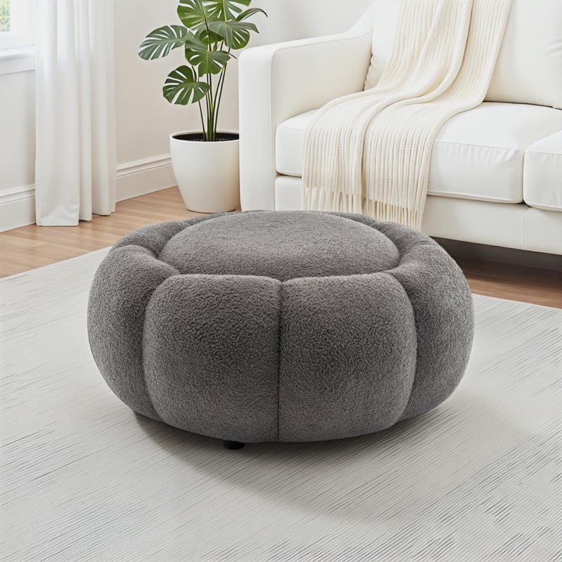 Cocktail Ottoman Gray Boucle Texture Segmented Pumpkin Shape