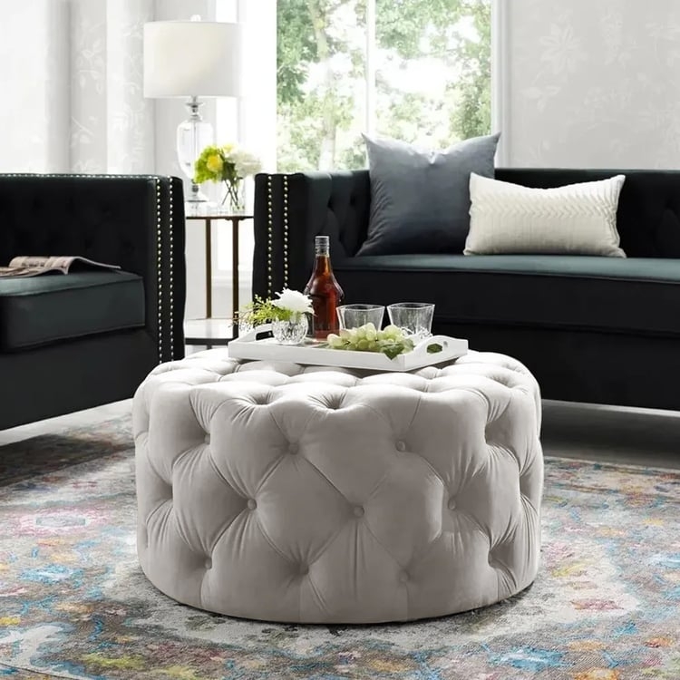Cocktail Ottoman, Oversized Tufted Velvet Elegant Light Gray Velvet Furniture
