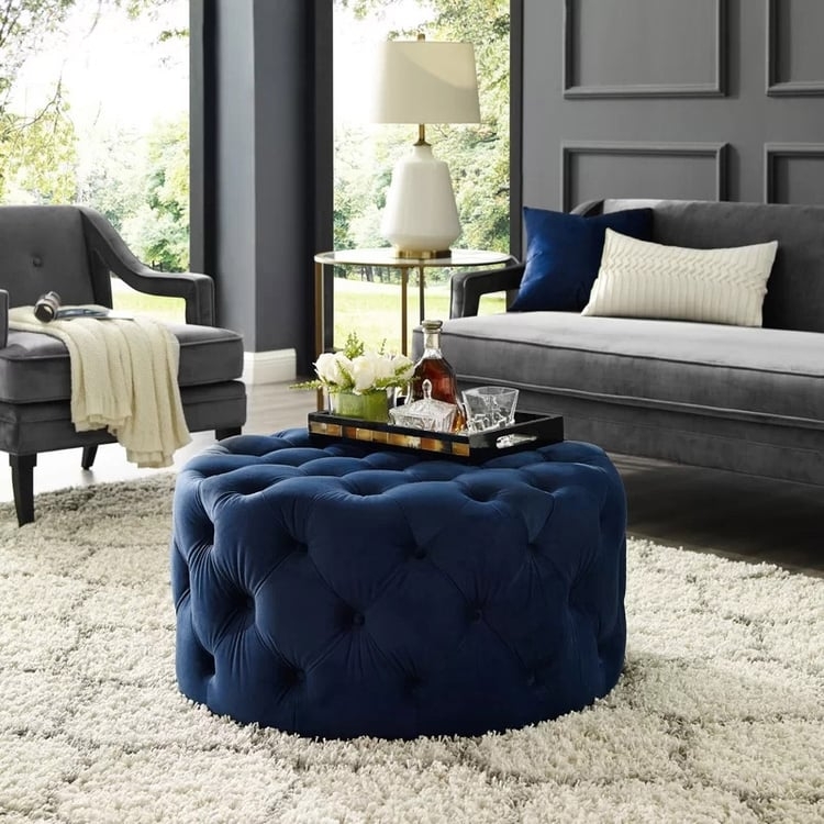 Cocktail Ottoman Round Navy Velvet with All-Over Diamond Tufting