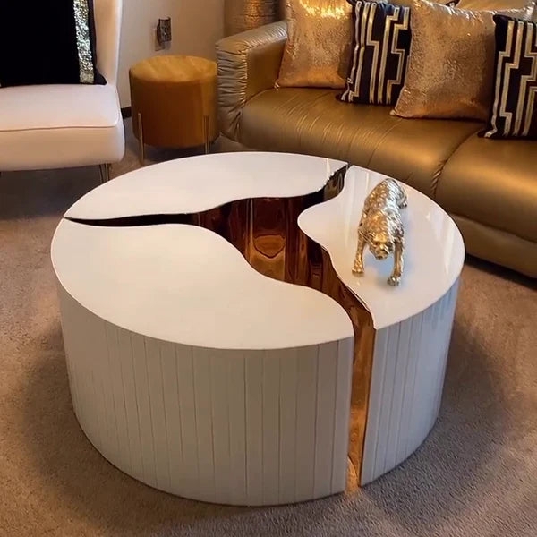 Coffee Table 3-Piece Modular Round White Ribbed Gold Crackle Interior