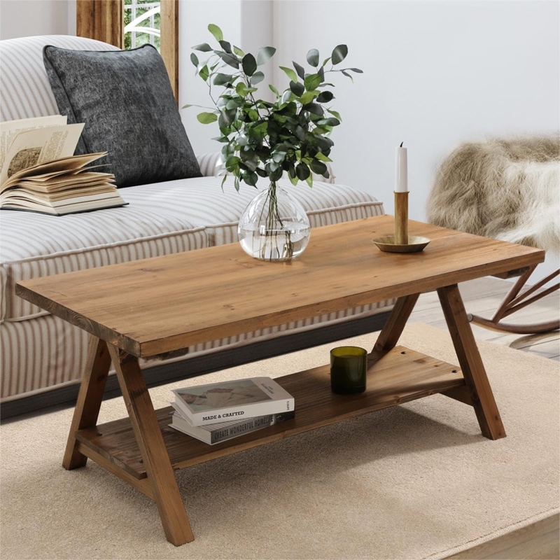 Coffee Table A-Frame Base Wood Storage Shelf Farmhouse