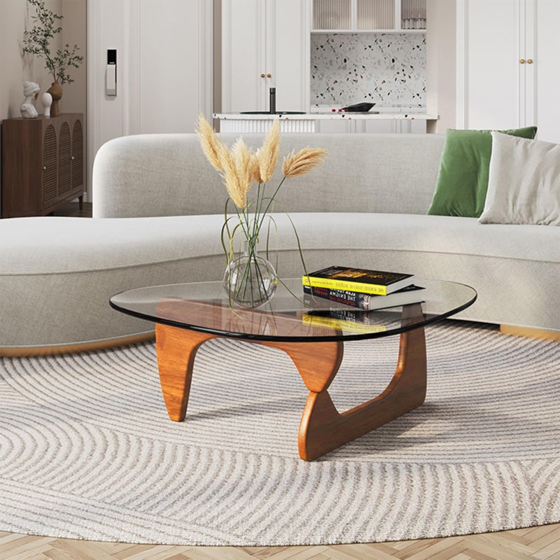 Coffee Table Abstract Curved Glass Top Rounded Edges Wood Base