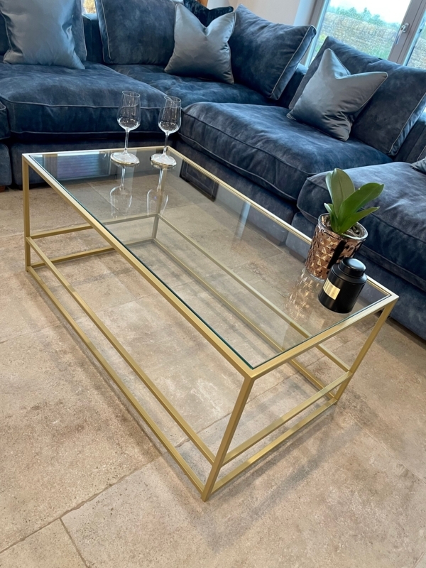 Coffee Table Airy Open Base Rectangular Glass Top Gold Metal