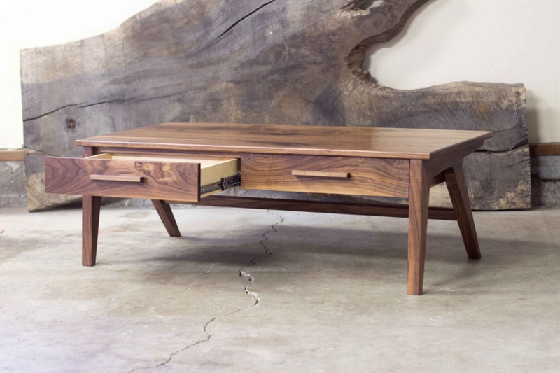 Coffee Table Angled Tapered Legs Integrated Wood Pulls Mid Century