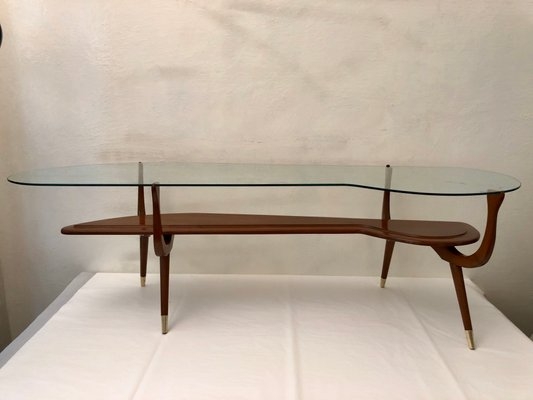 Coffee Table Asymmetrical Glass Top Two Tier Wood Brass Ferrules