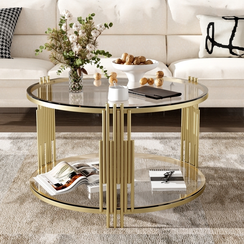 Coffee Table Asymmetrical Metal Base Round Glass Two Tier Gold