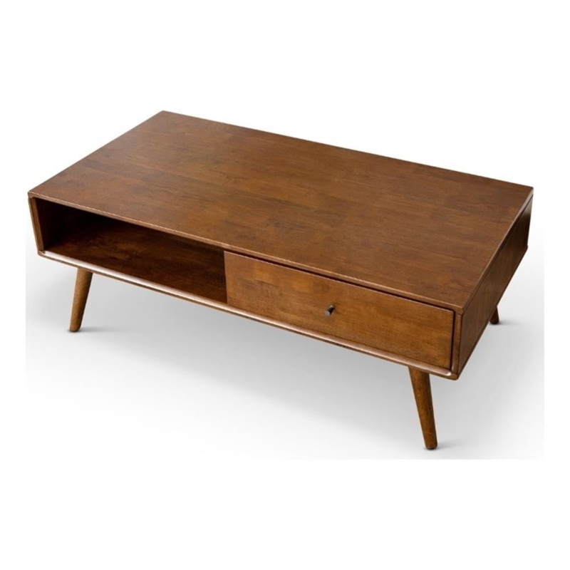 Coffee Table Asymmetrical Storage Open Shelf and Drawer Splayed Legs