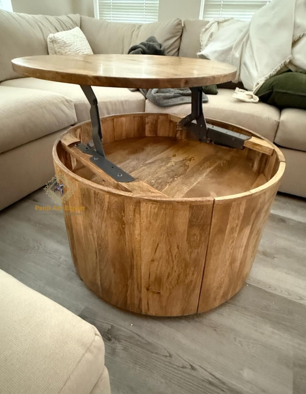 Coffee Table Barrel Style Slatted Wood Lift Top Rustic
