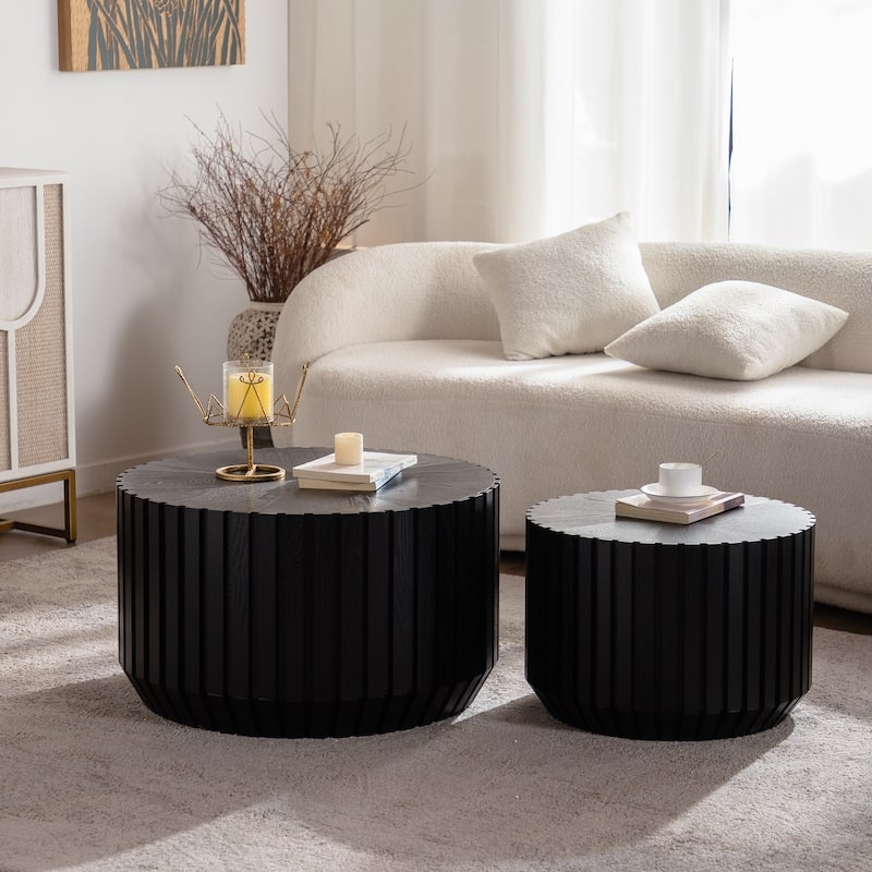 Coffee Table Black Fluted Wood-Toned Drum Round Set