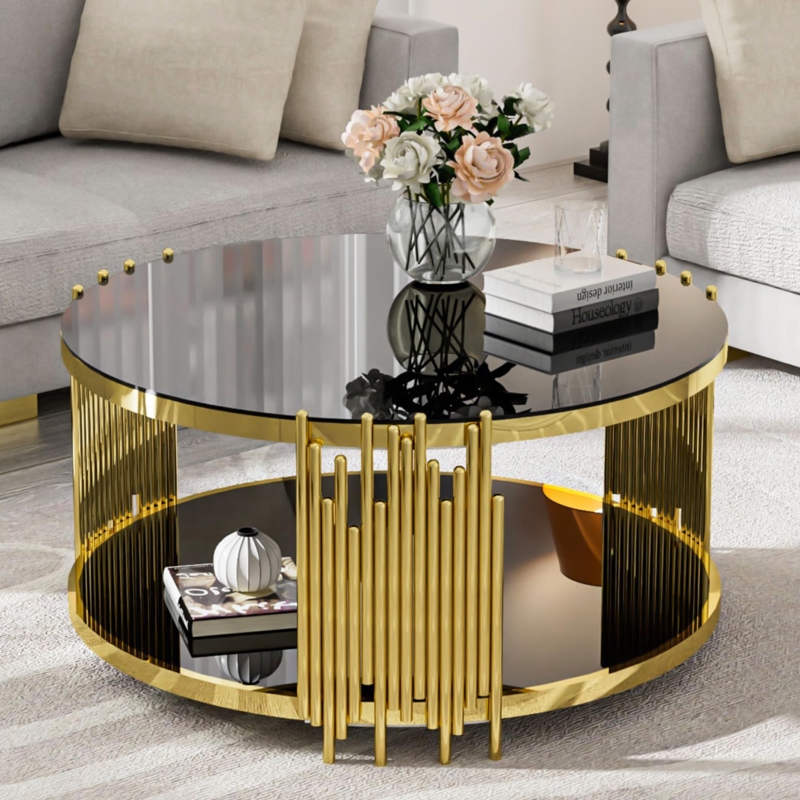 Coffee Table Black Glass Round Two Tier Gold Rod Base