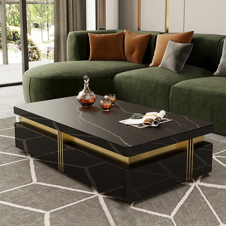 Coffee Table Black Marble Pattern Gold Recessed Base Glossy Storage