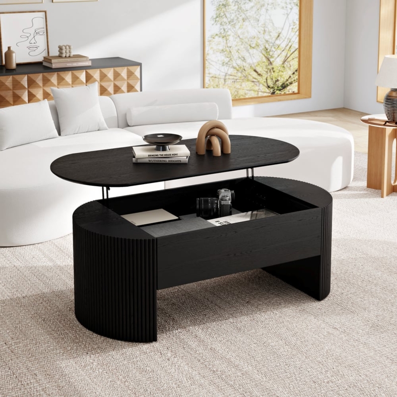 Coffee Table Black Oval Lift Top Fluted Base Modern Storage