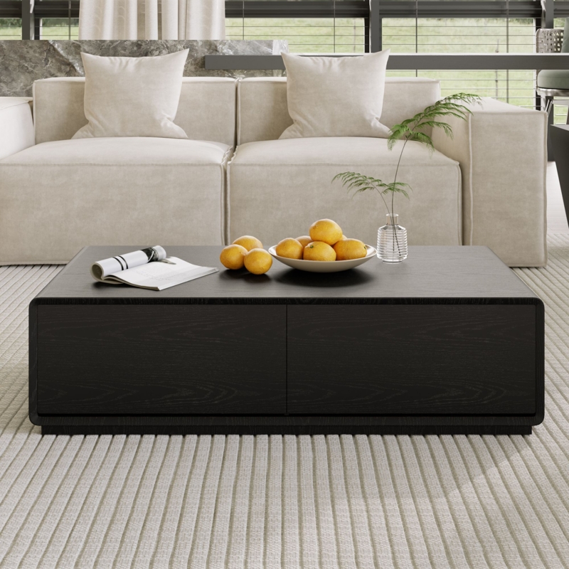 Coffee Table Black Wood Grain Plinth Base Integrated Drawers Sleek