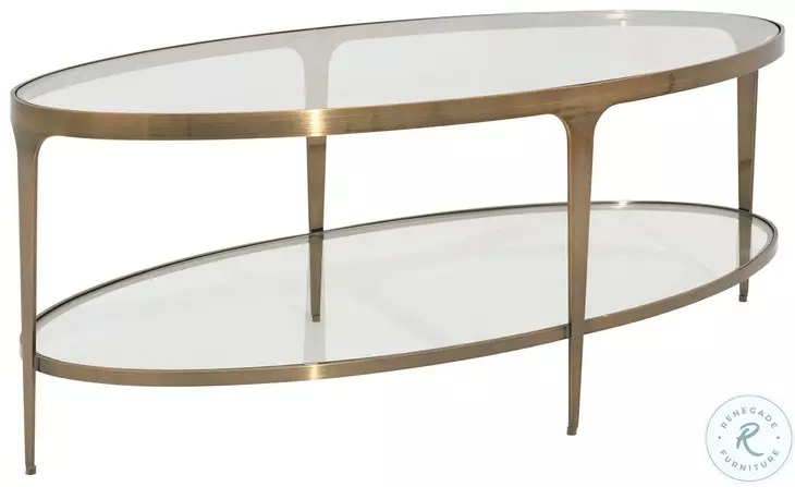 Coffee Table Brushed Antique Brass Oval Two Tier Glass