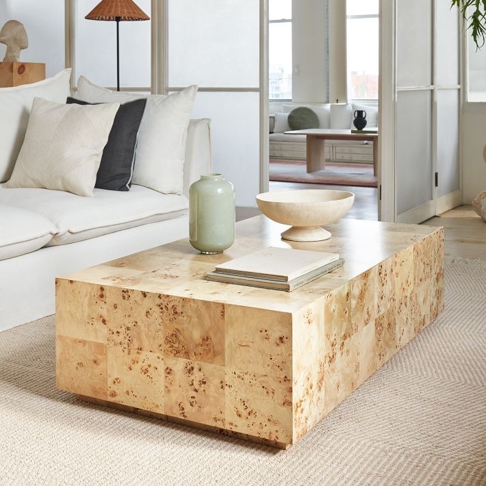 Coffee Table Burl Wood Veneer Plinth Base, Organic Modern Patchwork Design
