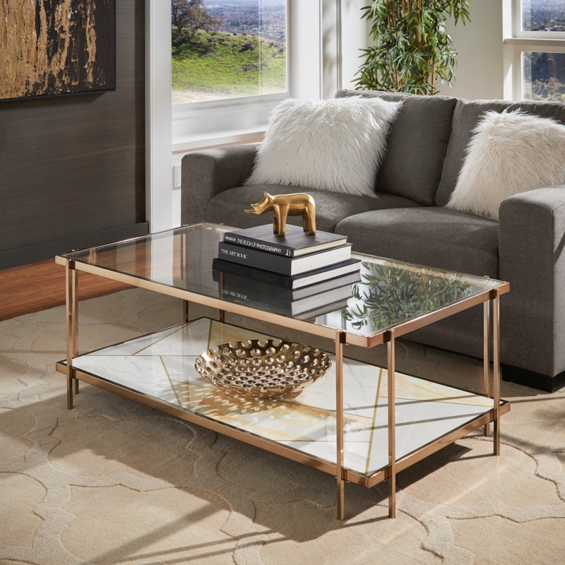 Coffee Table Champagne Gold Frame Glass Top Geometric Shelf