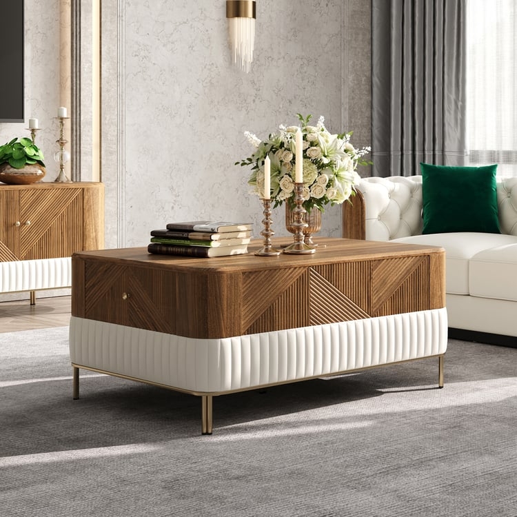 Coffee Table Chevron Wood Top White Fluted Base Gold Metal Legs