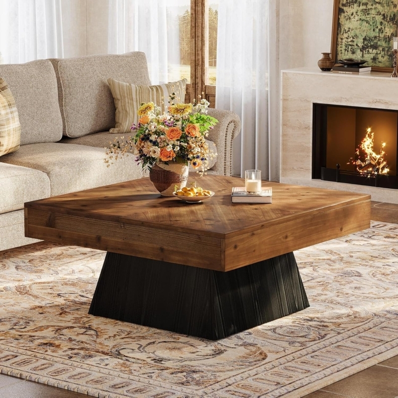 Coffee Table Contemporary Light Wood Square Top Geometric Base