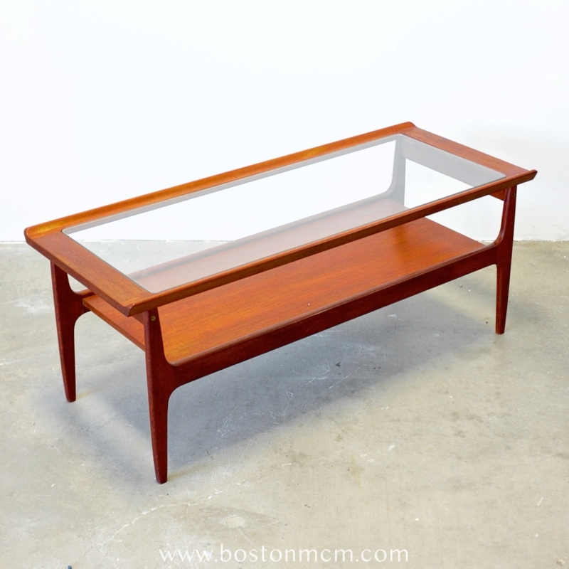 Coffee Table Danish Modern Teak Inset Glass Top Lower Shelf