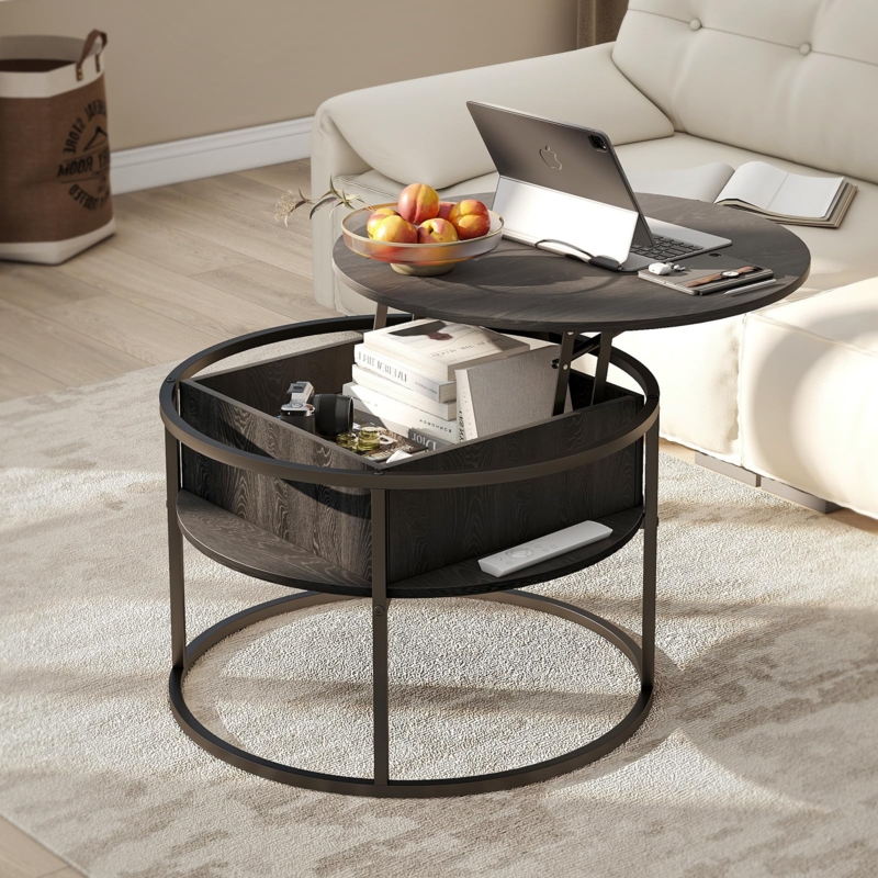 Coffee Table Dark Wood Lift Top Industrial Metal Shelf