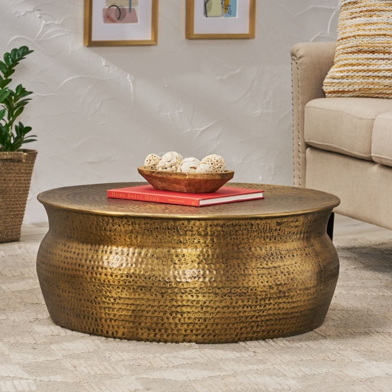 Coffee Table Drum Hammered Antique Brass Low Profile