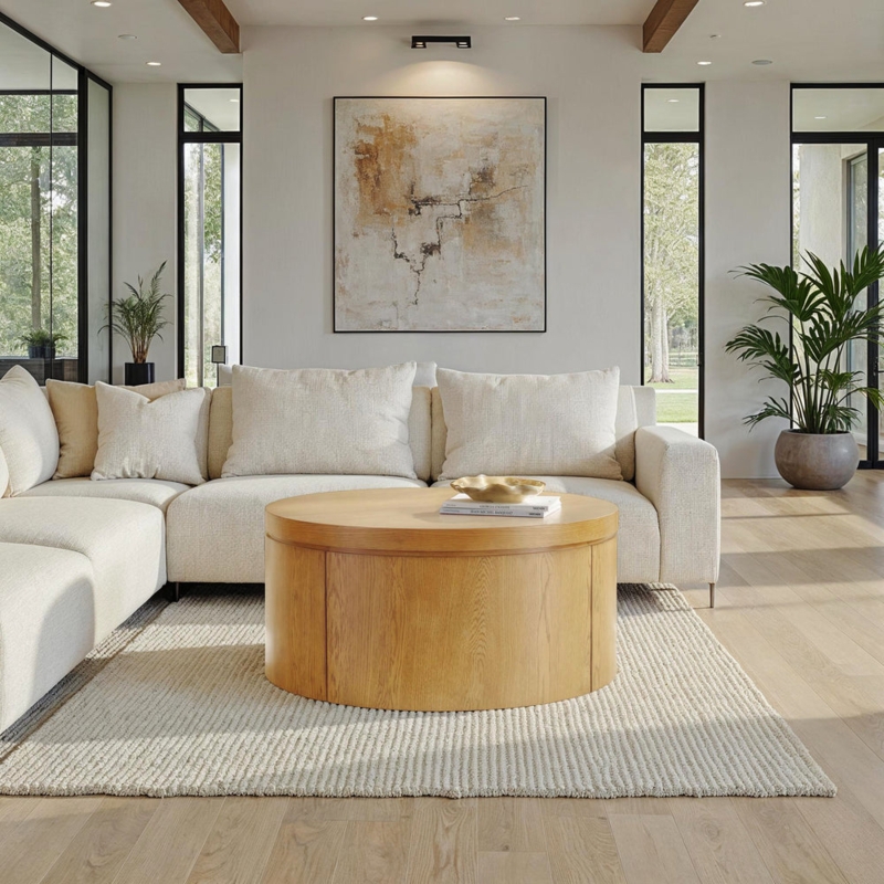 Coffee Table Drum Round Hidden Storage with Vertical Grain Seams