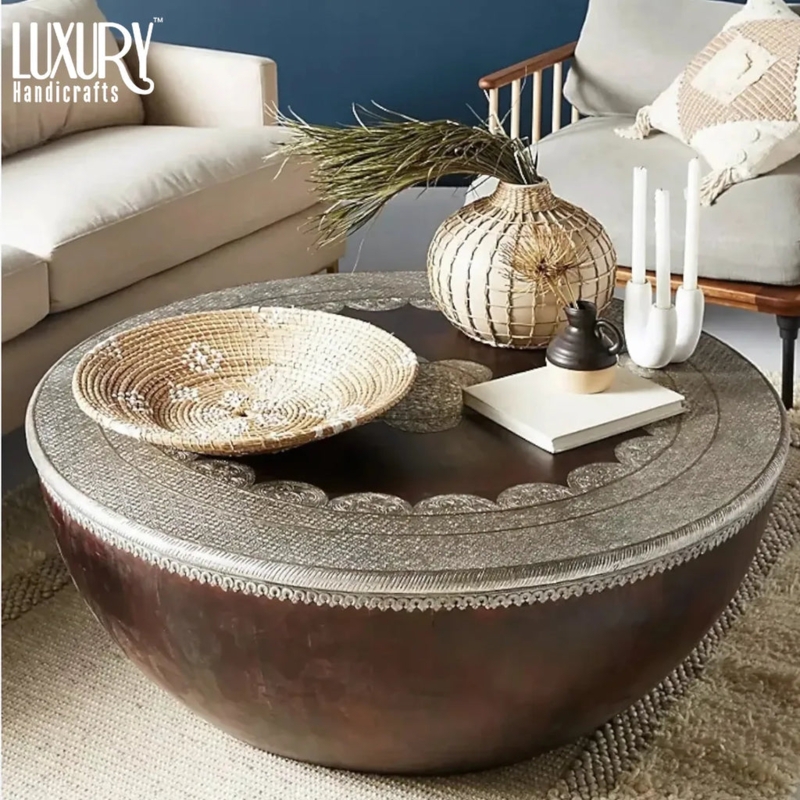 Coffee Table Drum Scalloped Silver Border Mixed Metal