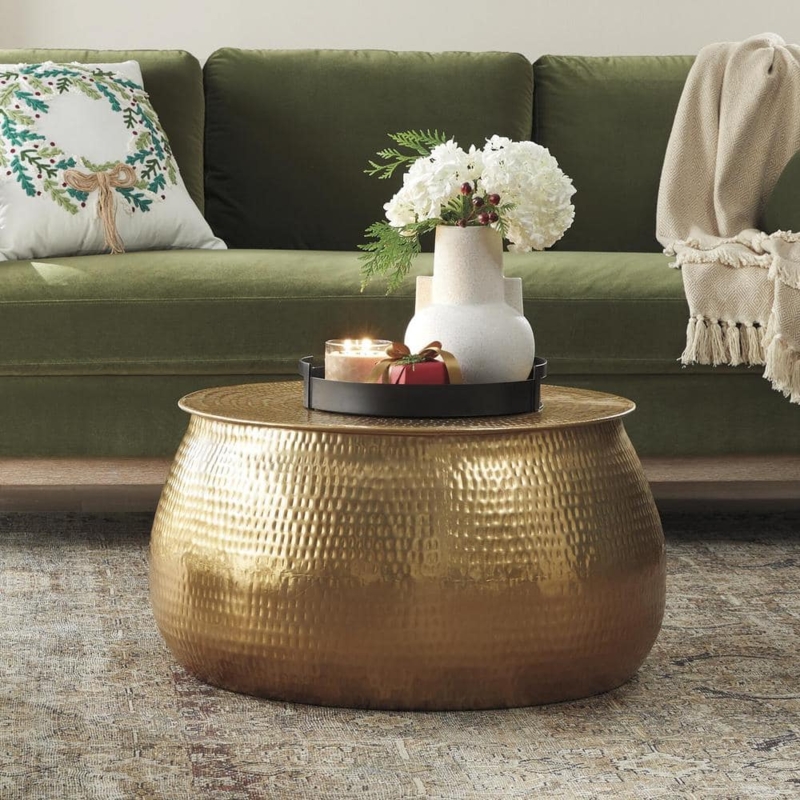 Coffee Table Drum Shape Hammered Gold with Lift Top Feature