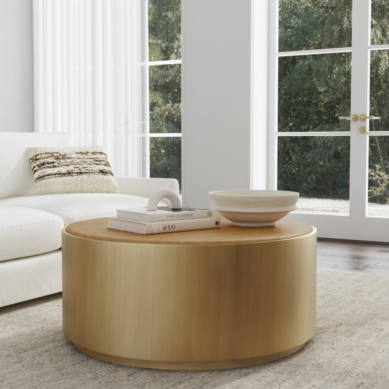 Coffee Table Drum Style Round Brushed Metallic Finish