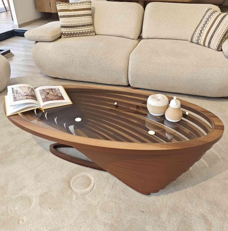 Coffee Table Elliptical Glass Top Slatted Wood Base Boat Shaped Organic