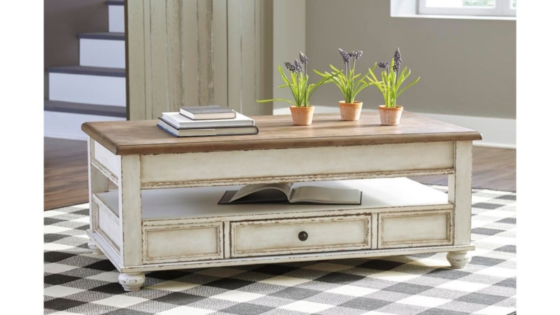 Coffee Table Farmhouse Lift Top Distressed Base Two-Tone Storage Drawer