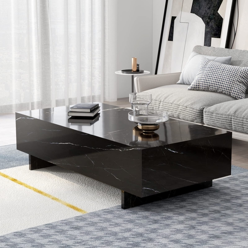 Coffee Table Faux Marble High Gloss Slab Base Modern Living Room
