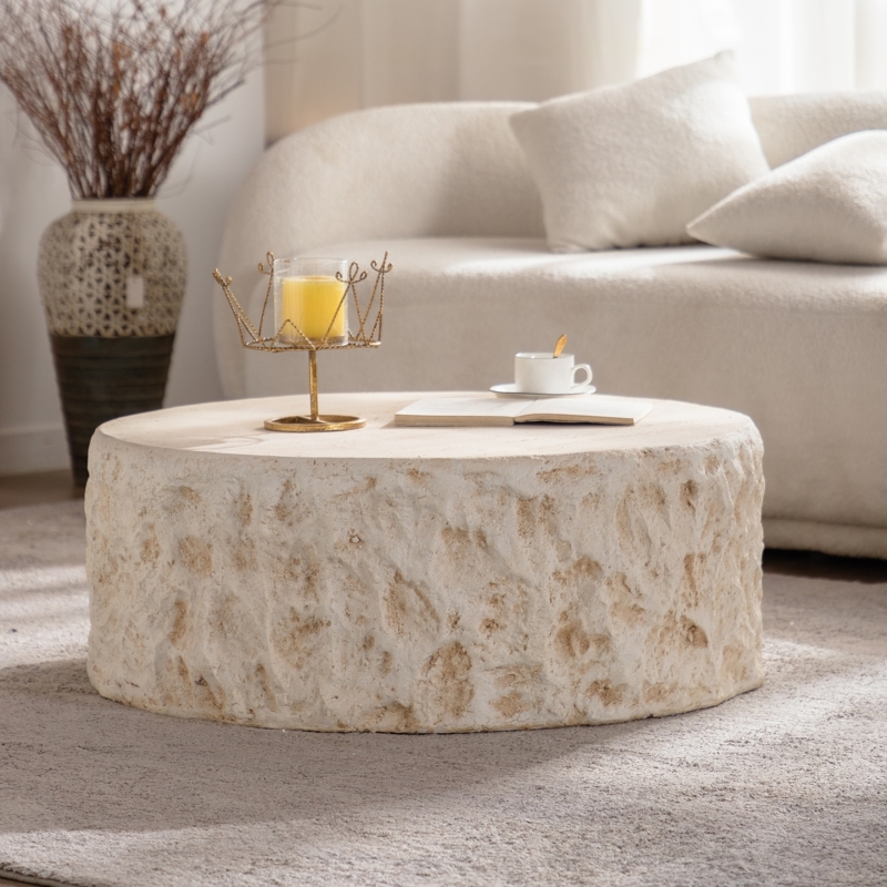 Coffee Table Faux Stone Finish Pedestal Base Round Silhouette Mid Century