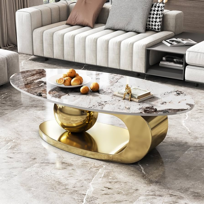 Coffee Table featuring a C-Shaped Pedestal Base and Polished Gold Finish