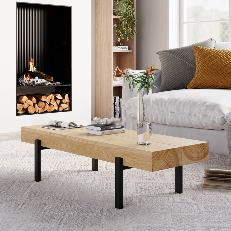 Coffee Table featuring Thick Slab Top, Rustic Wood Grain, Block Legs