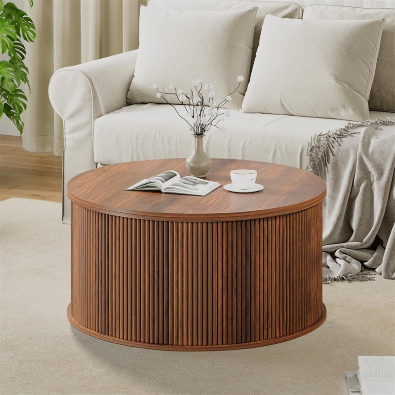 Coffee Table Fluted Drum Base Warm Wood Farmhouse Style