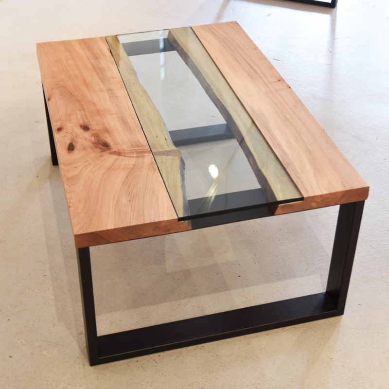 Coffee Table Glass Inlay Live Edge Wood Planks Black Metal Sled Base