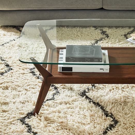 Coffee Table Glass Top Tapered Legs Integrated Wood Shelf