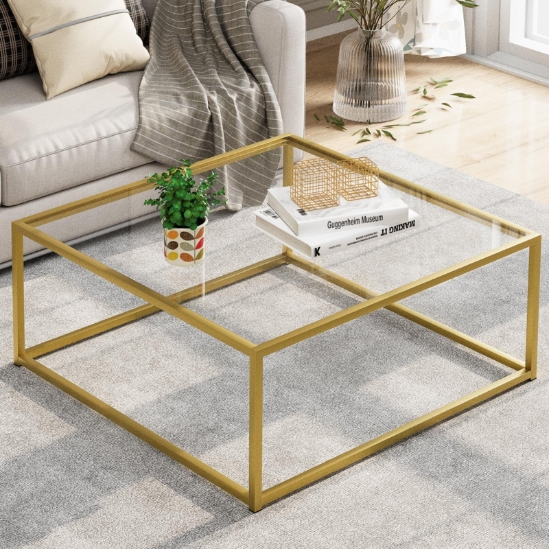 Coffee Table Gold Frame Square Glass Top Open Design