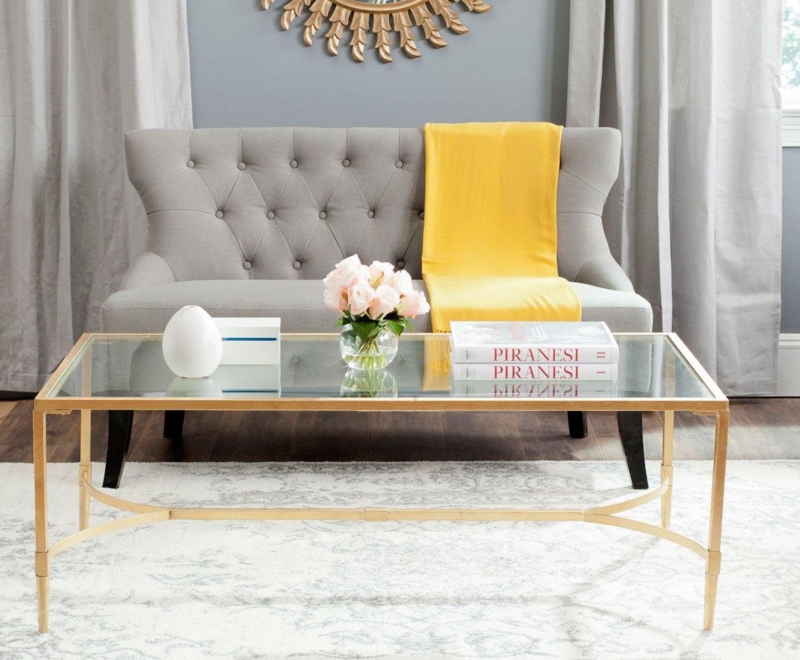 Coffee Table Gold Metal Frame Glass Top Curved Support Base