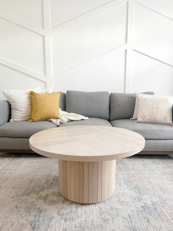 Coffee Table Herringbone Top, Round Fluted Pedestal Base, Coastal Style