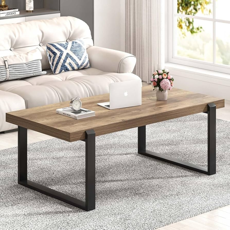 Coffee Table Industrial Metal Leg Wood Toned Sled Base