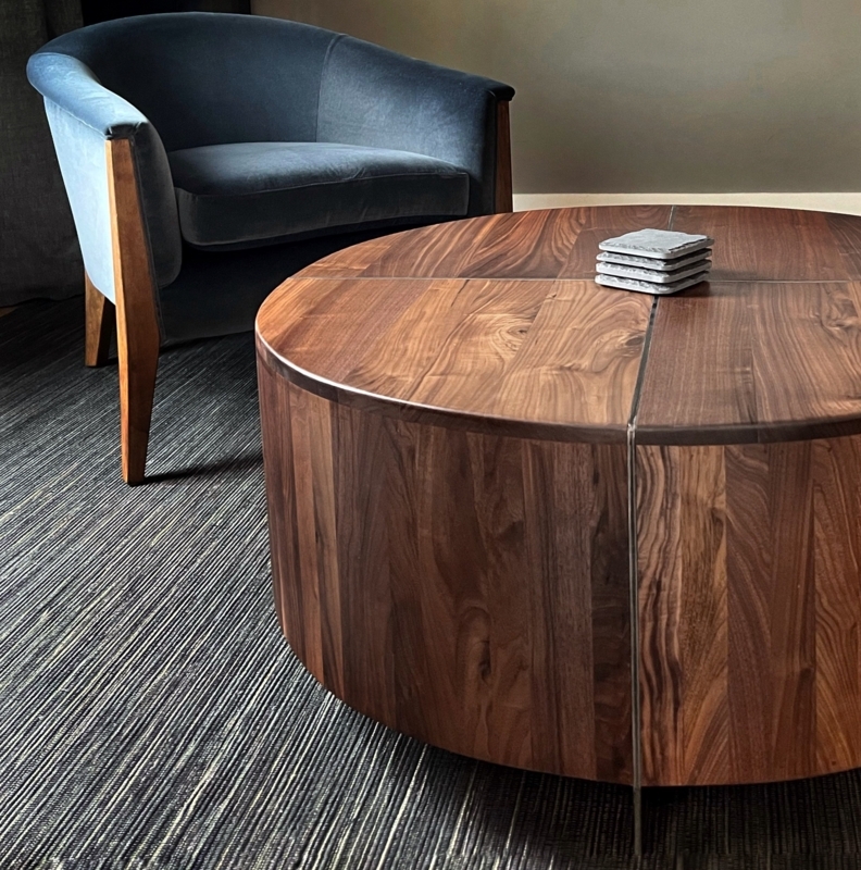 Coffee Table Industrial Walnut Drum with Vertical Steel Inlay