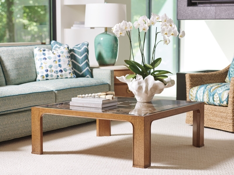 Coffee Table Inset Glass Top Wood Toned Frame Coastal Style Accent