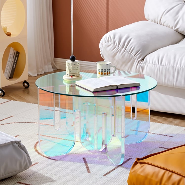 Coffee Table Iridescent Acrylic Round Top Prismatic Three-Leg Base