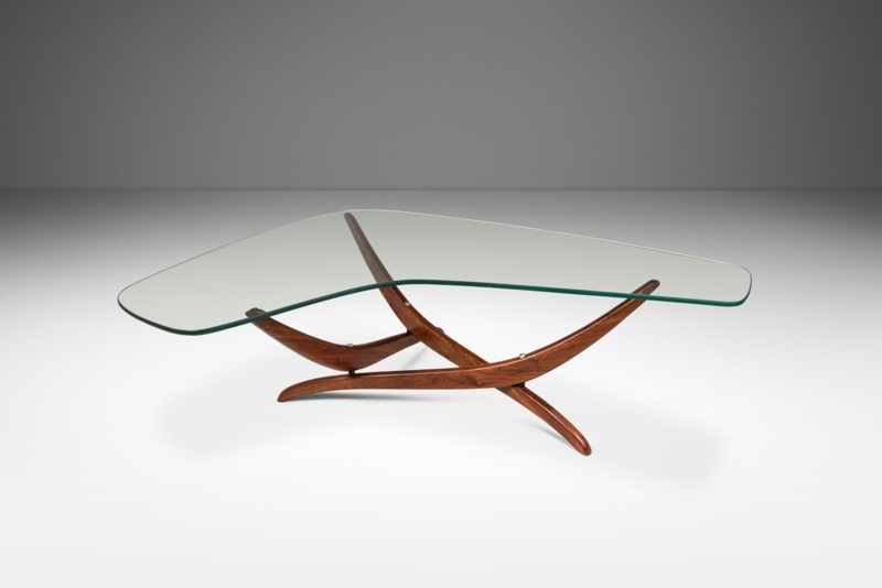 Coffee Table Kidney Shaped Glass Top Sculptural Walnut Base