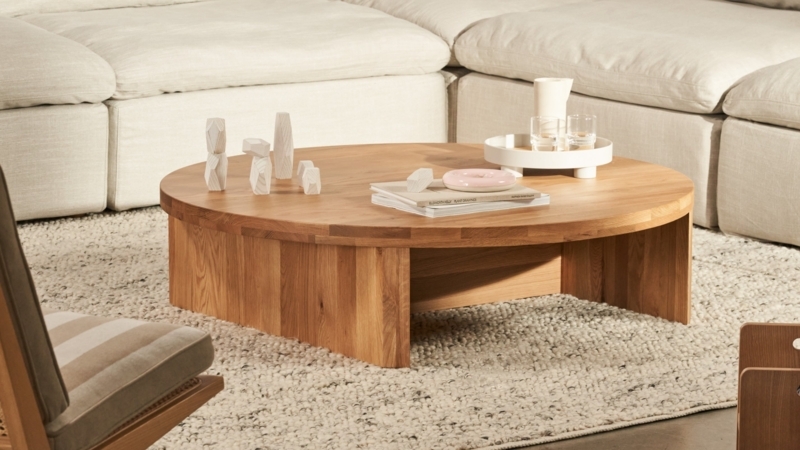 Coffee Table Large Low Profile Round with Recessed Plank Base