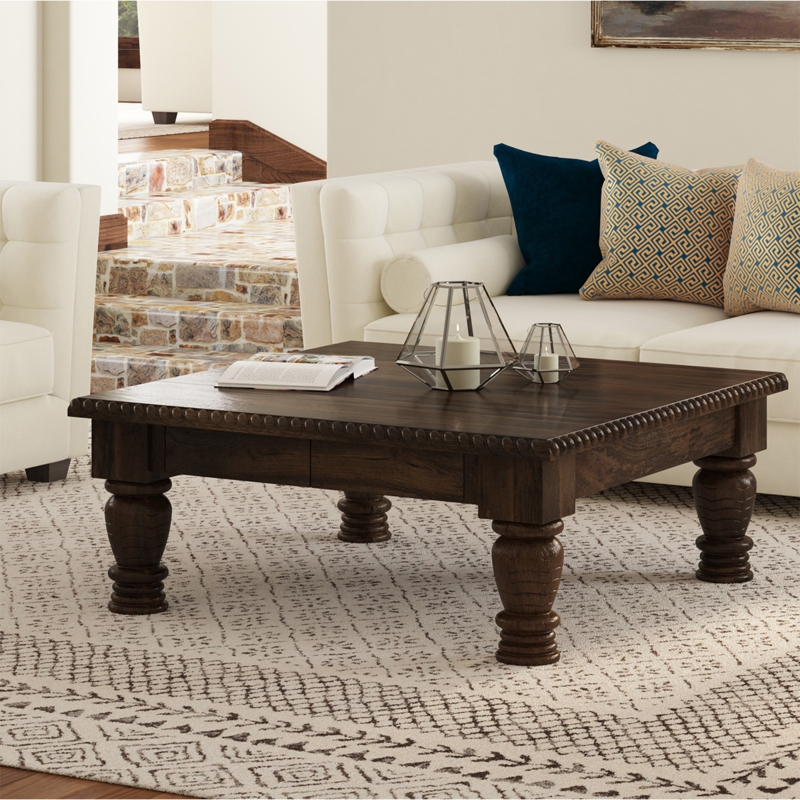 Coffee Table Large Square Wood Slatted Shelf Block Legs